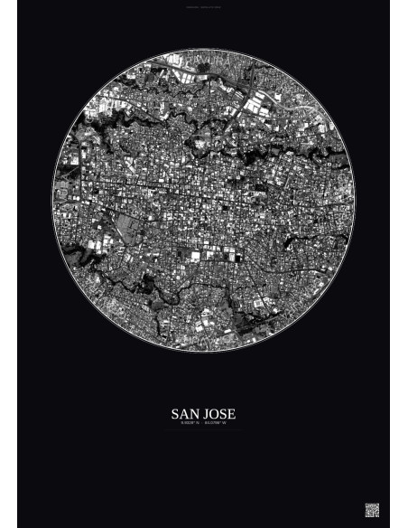 Affiche San Jose – Poster vue satellite 2.5km N&B | Gravura – Fond foncé