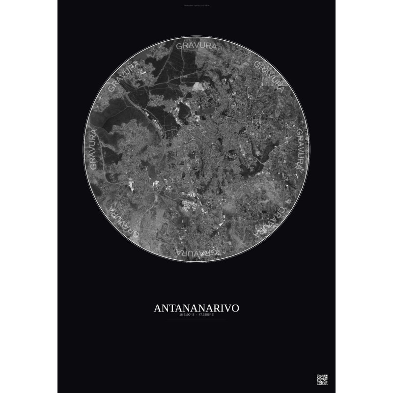 Affiche Antananarivo – Poster vue satellite 10km N&B | Gravura – Fond foncé