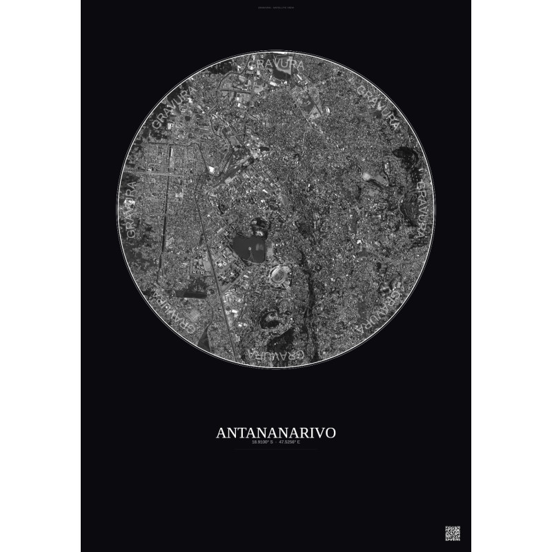 Affiche Antananarivo – Poster vue satellite 2.5km N&B | Gravura – Fond foncé