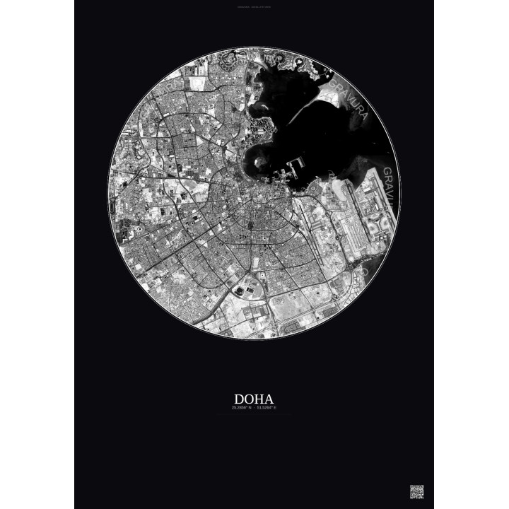 Affiche Doha – Poster vue satellite 10km N&B | Gravura – Fond foncé