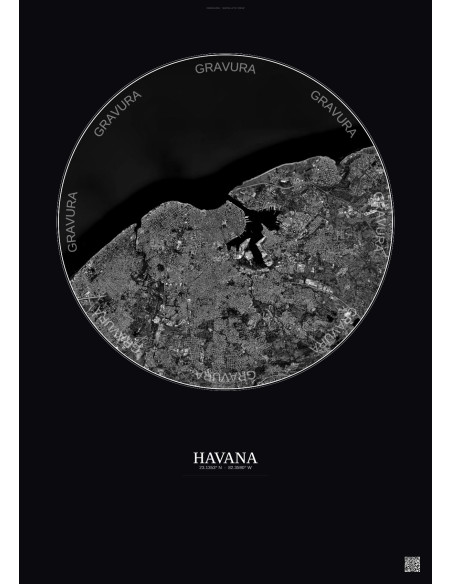 Affiche Havana – Poster vue satellite 10km N&B | Gravura – Fond foncé
