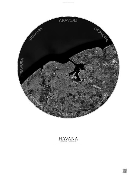 Affiche Havana – Poster vue satellite 10km N&B | Gravura – Fond clair