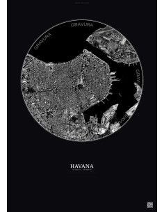 Affiche Havana – Poster vue satellite 2.5km N&B | Gravura – Fond foncé