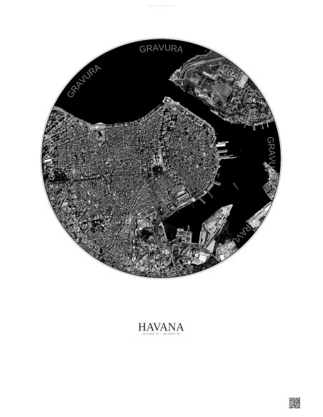 Affiche Havana – Poster vue satellite 2.5km N&B | Gravura – Fond clair