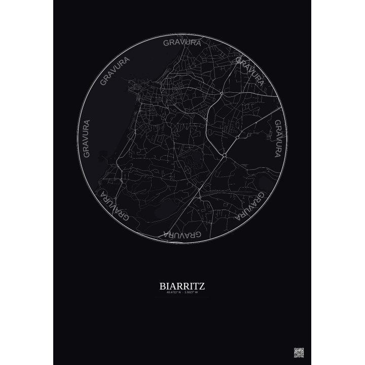 Affiche Biarritz – Poster carte de ville 2.5km | Gravura – Fond foncé