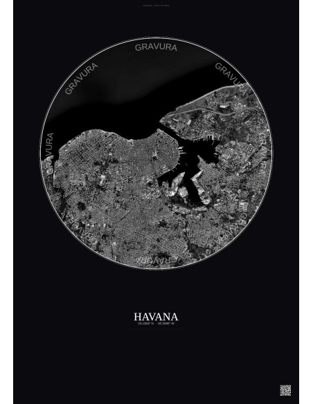 Havana Satellite View Poster 6km B&W | Gravura – Dark background