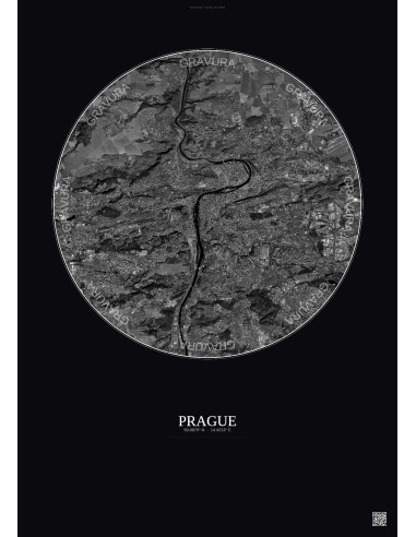 Prague Satellite View Poster 10km B&W | Gravura – Dark background