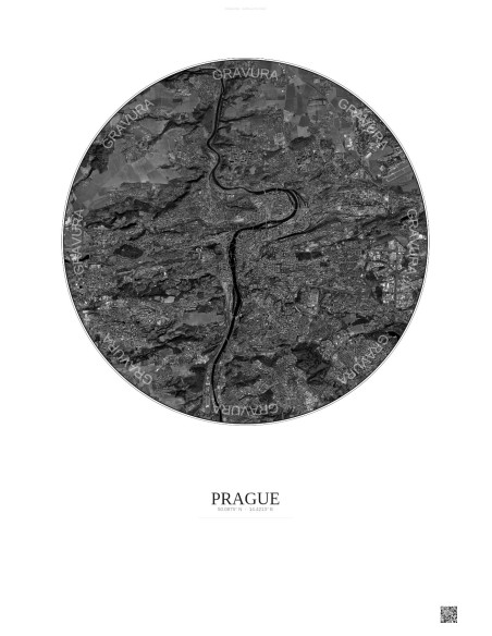 Prague Satellite View Poster 10km B&W | Gravura – Light background