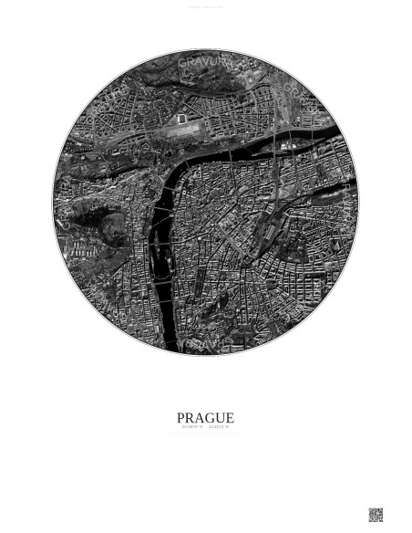 Affiche Prague – Poster vue satellite 2.5km N&B | Gravura – Fond clair