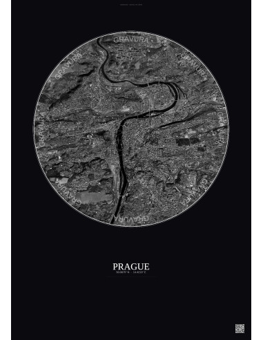 Prague Satellite View Poster 6km B&W | Gravura – Dark background