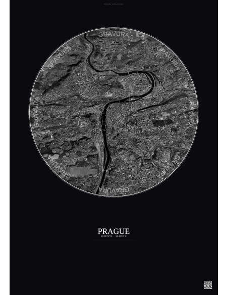 Prague Satellite View Poster 6km B&W | Gravura – Dark background