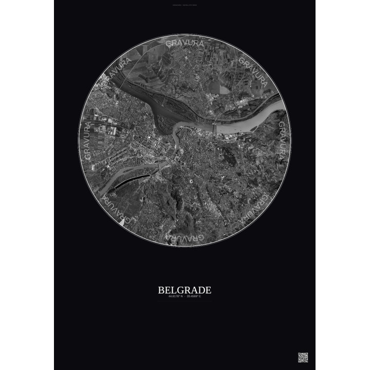 Affiche Belgrade – Poster vue satellite 10km N&B | Gravura – Fond foncé