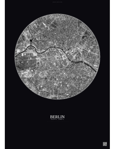 Affiche Berlin – Poster vue satellite 2.5km N&B | Gravura – Fond foncé