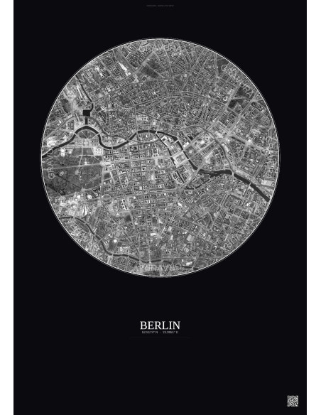 Affiche Berlin – Poster vue satellite 2.5km N&B | Gravura – Fond foncé
