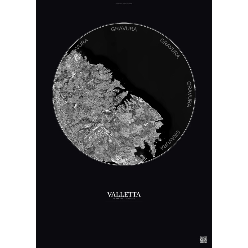 Affiche Valletta – Poster vue satellite 10km N&B | Gravura – Fond foncé