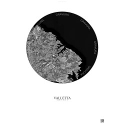 Affiche Valletta – Poster vue satellite 10km N&B | Gravura – Fond clair