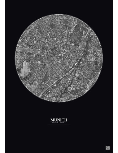 Affiche Munich – Poster vue satellite 2.5km N&B | Gravura – Fond foncé