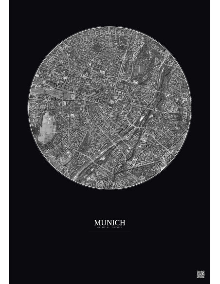 Affiche Munich – Poster vue satellite 2.5km N&B | Gravura – Fond foncé
