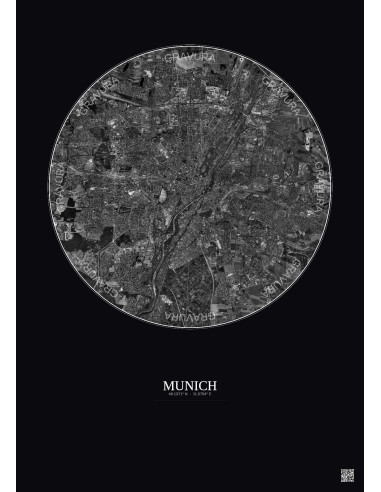 Affiche Munich – Poster vue satellite 10km N&B | Gravura – Fond foncé