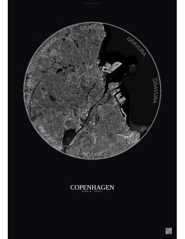 Affiche Copenhagen – Poster vue satellite 10km N&B | Gravura – Fond foncé