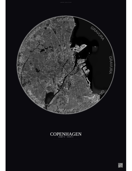 Affiche Copenhagen – Poster vue satellite 10km N&B | Gravura – Fond foncé