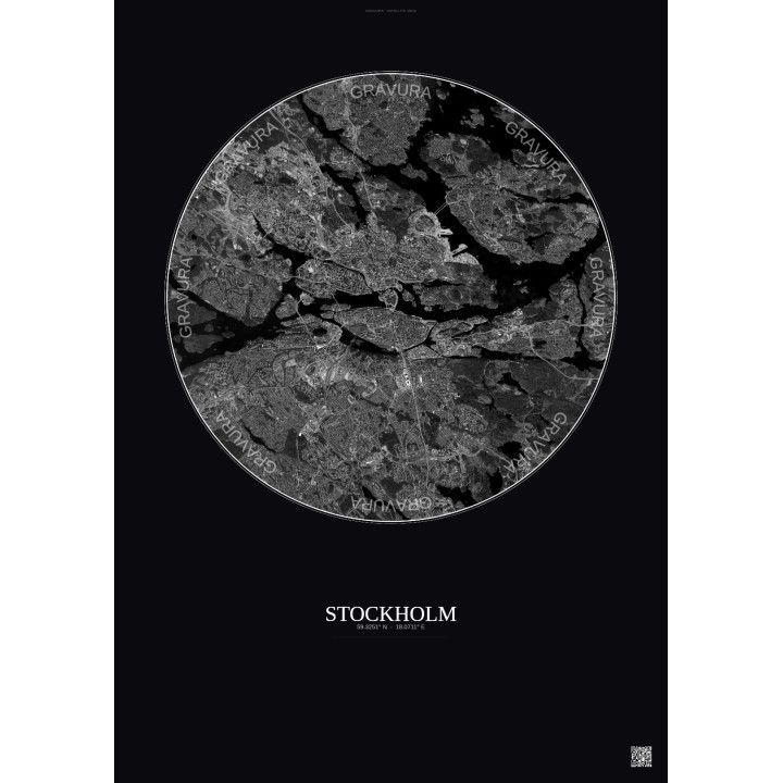 Affiche Stockholm – Poster vue satellite 10km N&B | Gravura – Fond foncé