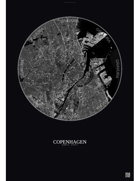 Copenhagen Satellite View Poster 6km B&W | Gravura – Dark background