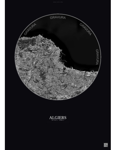 Algiers Satellite View Poster 10km B&W | Gravura – Dark background