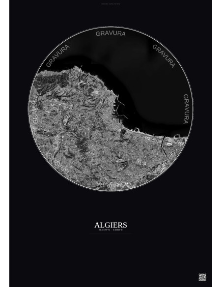 Algiers Satellite View Poster 10km B&W | Gravura – Dark background