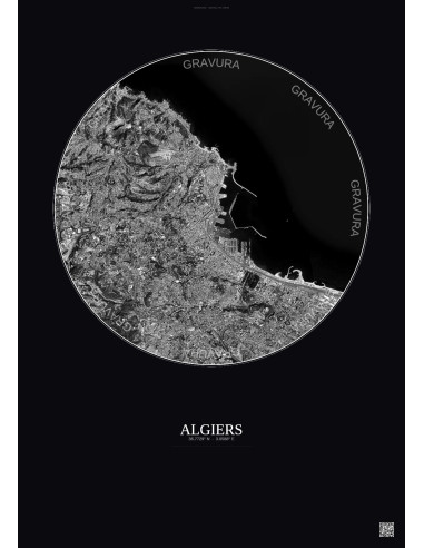 Affiche Algiers – Poster vue satellite 6km N&B | Gravura – Fond foncé