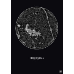 Affiche Chichen Itza – Poster vue satellite 0.5km N&B | Gravura – Fond foncé