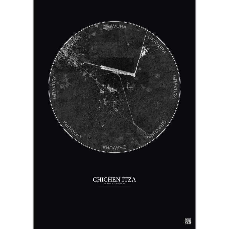Affiche Chichen Itza – Poster vue satellite 2.5km N&B | Gravura – Fond foncé