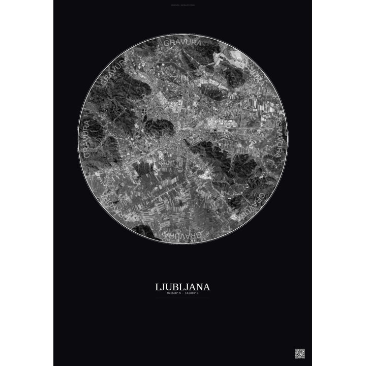 Affiche Ljubljana – Poster vue satellite 10km N&B | Gravura – Fond foncé