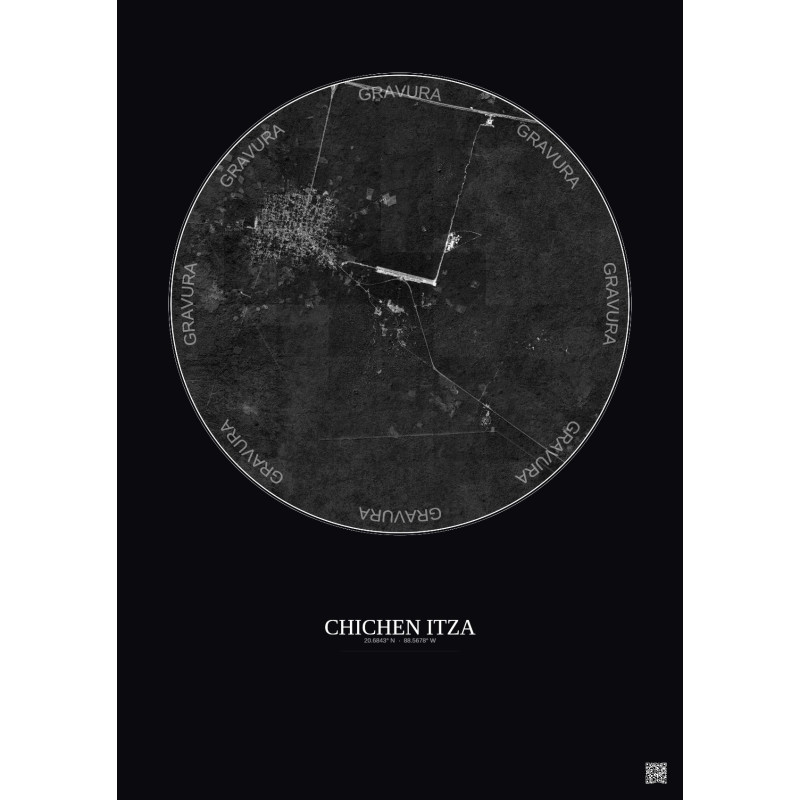 Affiche Chichen Itza – Poster vue satellite 5km N&B | Gravura – Fond foncé