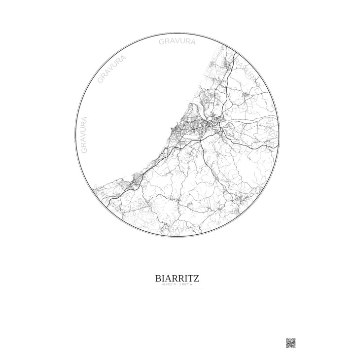 Affiche Biarritz – Poster carte de ville 20km | Gravura – Fond clair
