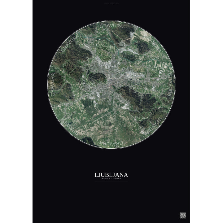 Affiche Ljubljana – Poster vue satellite 10km Couleur | Gravura – Fond foncé