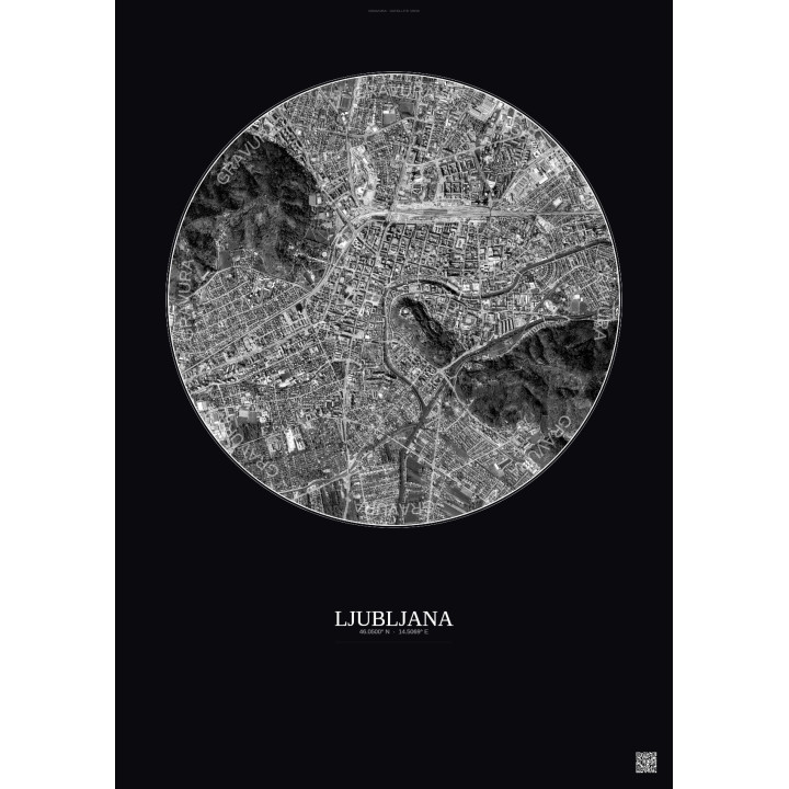 Affiche Ljubljana – Poster vue satellite 2.5km N&B | Gravura – Fond foncé