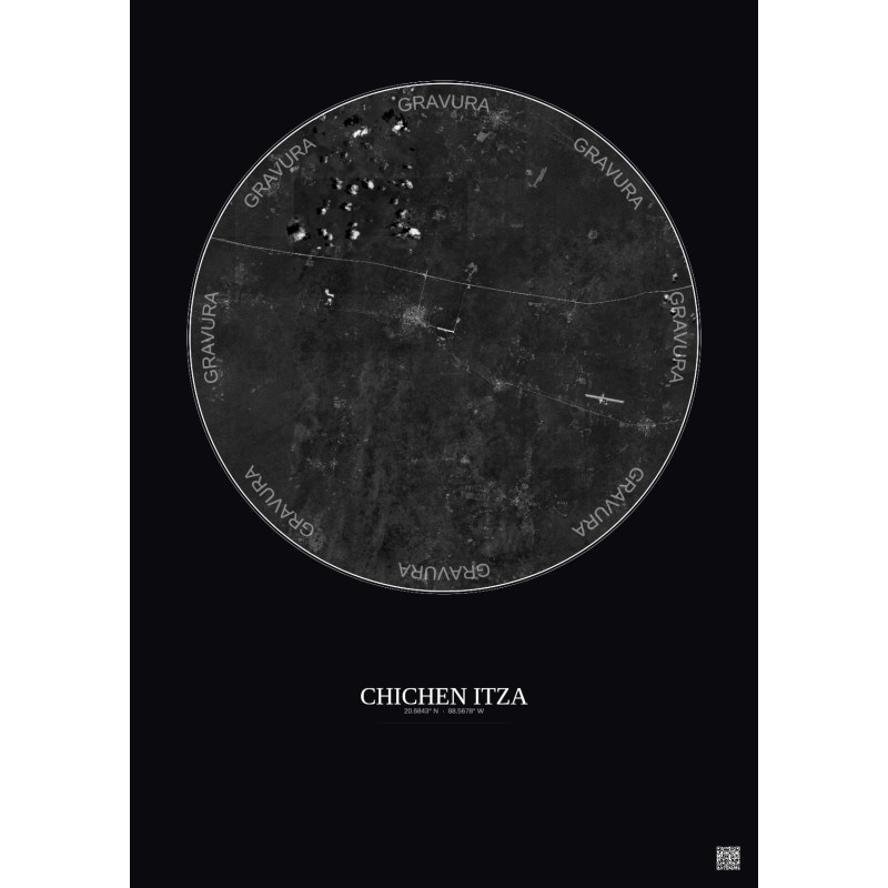 Affiche Chichen Itza – Poster vue satellite 20km N&B | Gravura – Fond foncé