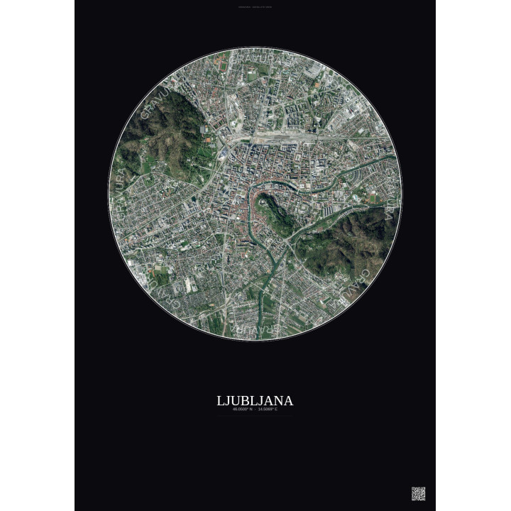 Affiche Ljubljana – Poster vue satellite 2.5km Couleur | Gravura – Fond foncé
