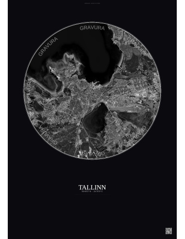 Affiche Tallinn – Poster vue satellite 10km N&B | Gravura – Fond foncé