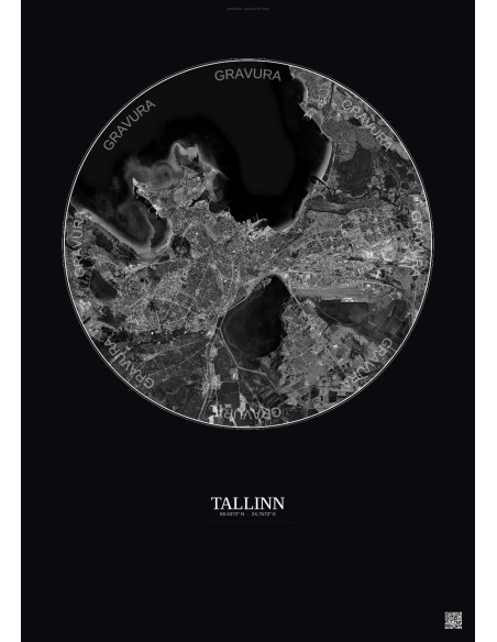 Affiche Tallinn – Poster vue satellite 10km N&B | Gravura – Fond foncé