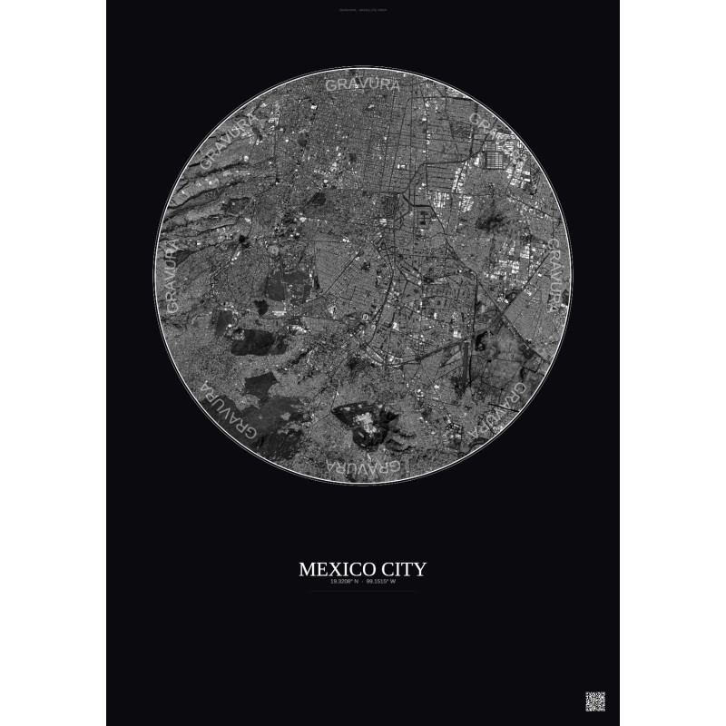 Affiche Mexico City – Poster vue satellite 10km N&B | Gravura – Fond foncé