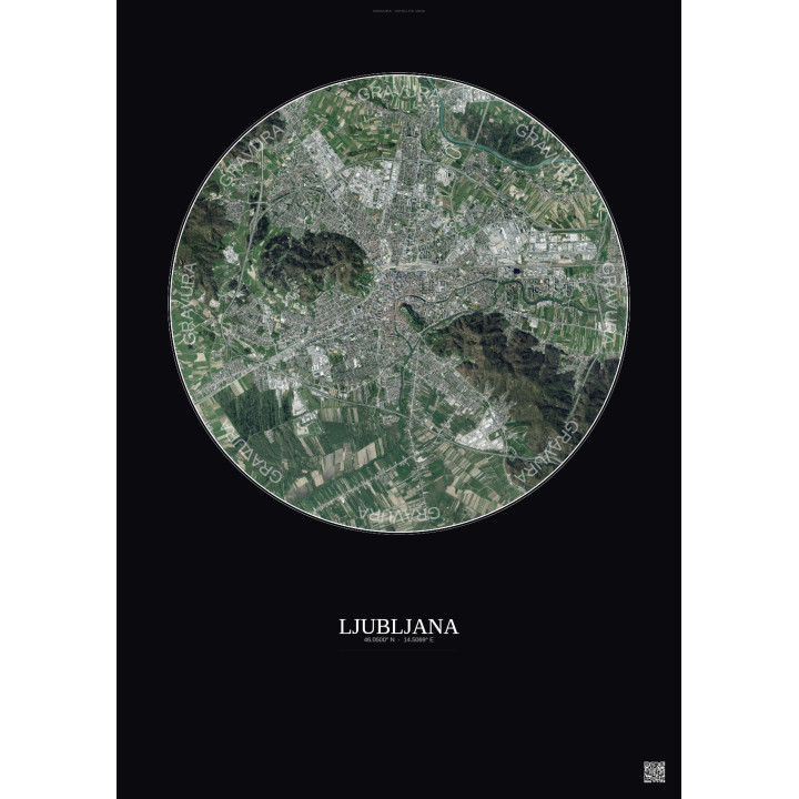 Affiche Ljubljana – Poster vue satellite 6km Couleur | Gravura – Fond foncé