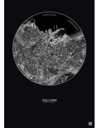 Affiche Tallinn – Poster vue satellite 2.5km N&B | Gravura – Fond foncé