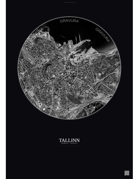 Affiche Tallinn – Poster vue satellite 2.5km N&B | Gravura – Fond foncé