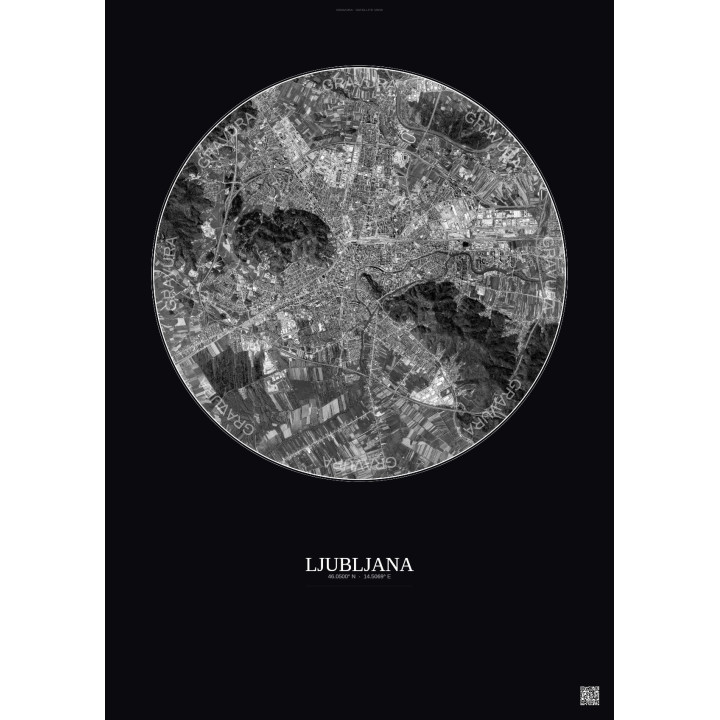 Affiche Ljubljana – Poster vue satellite 6km N&B | Gravura – Fond foncé