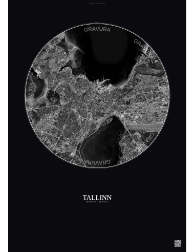 Tallinn Satellite View Poster 6km B&W | Gravura – Dark background