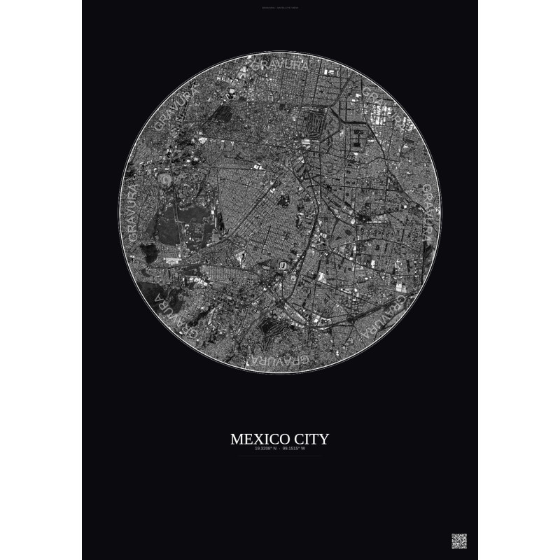 Affiche Mexico City – Poster vue satellite 6km N&B | Gravura – Fond foncé