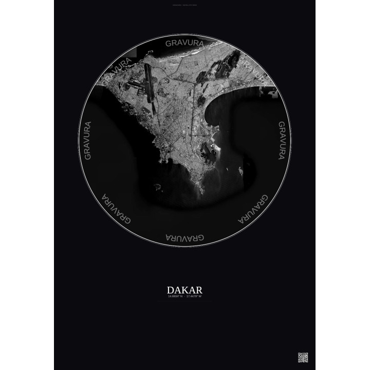 Affiche Dakar – Poster vue satellite 10km N&B | Gravura – Fond foncé