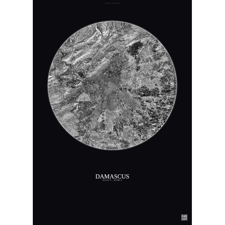 Affiche Damascus – Poster vue satellite 10km N&B | Gravura – Fond foncé